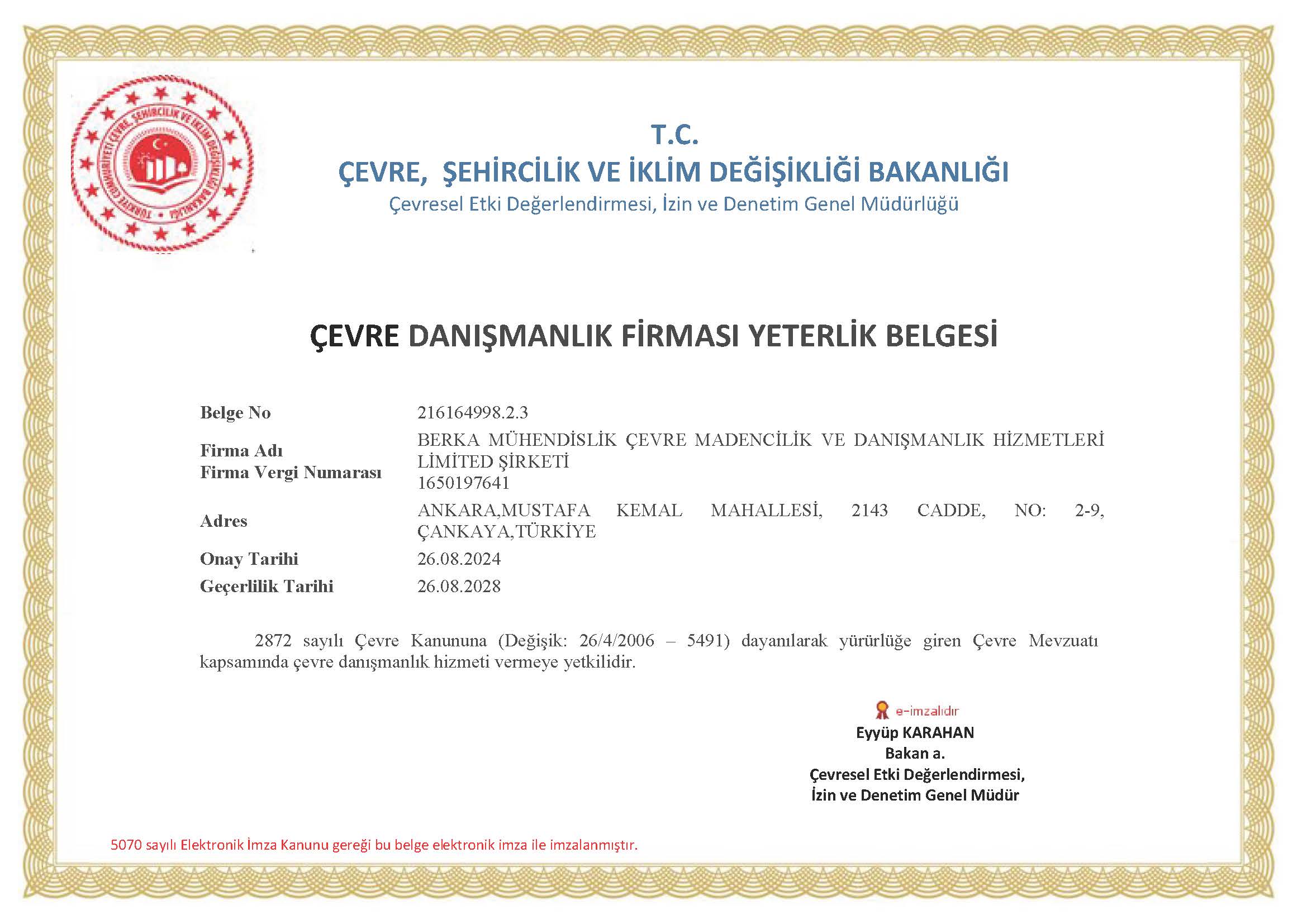 Çevre Danışmanlığı Yeterlilik Belgesi